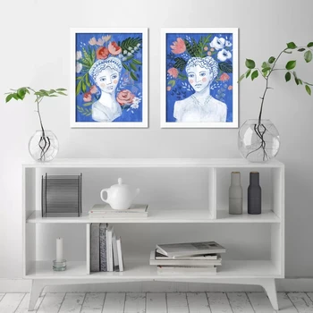 

Plant Home Decoration 2 Pieces Canvas Woman Statue Painting Wall Art Poster Flower Modular Picture Frame For Bedside Background