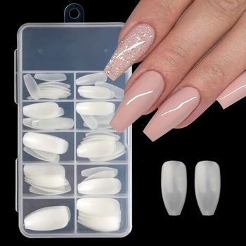 

100pcs Clear Natural Ballerina Nail Tips False Coffin Nails Flat Shape Acrylic Full Cover UV Gel Polish Manicure With Jewels Box