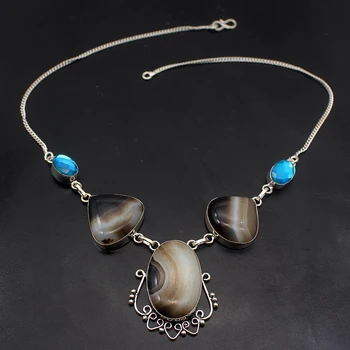 

Delicate Unique Black BotswanaAgate 925 Sterling Silver Charm Pendant Necklace Women Jewelry 19 Inch H316
