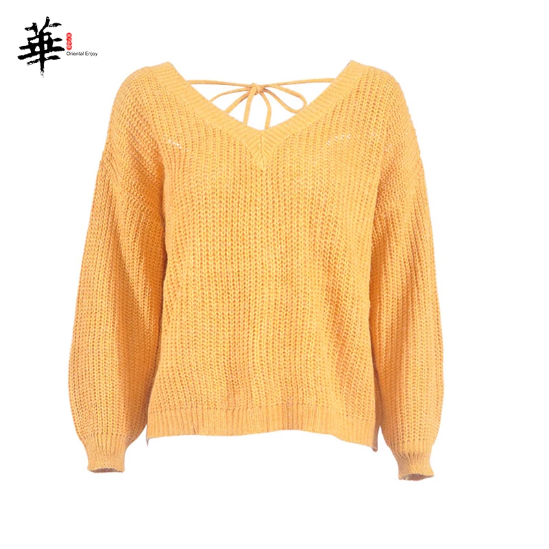 Yellow Свитер и пуловер с открытой спиной и v-образным вырезом на осень и зиму, женские сексуальные свободные свитера Invierno - Цвет: Yellow