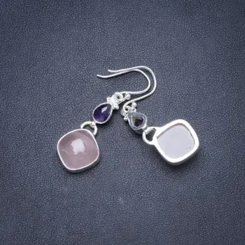 

Natural Rose Quartz and Amethyst Handmade Unique 925 Sterling Silver Earrings 1.75" Y1737