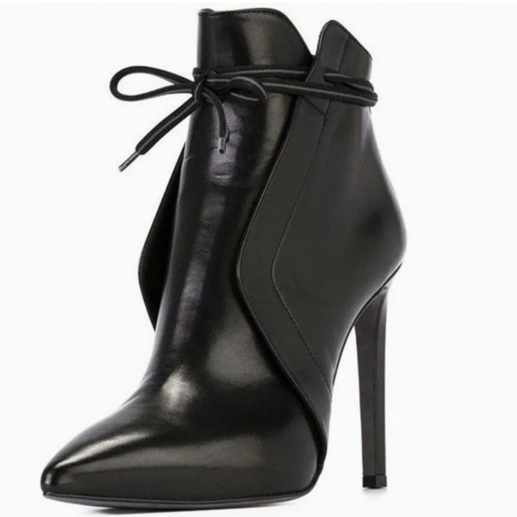 Г., ботинки зимние женские повседневные кожаные ботинки с острым носком на высоком тонком каблуке короткие ботинки Mujer, теплая обувь с плюшевой стелькой#10