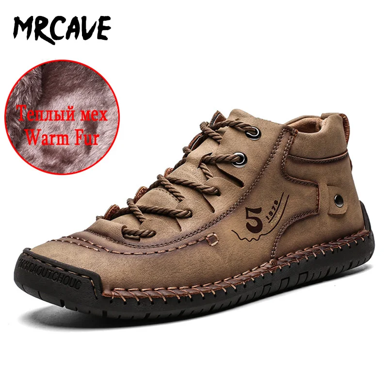 

Winter Men Ankle Boots Comfortable Thick Plush Warm Men's Snow Boot Anti-slip Split Leather Autumn Outdoor Man Motorcycle Shoes
