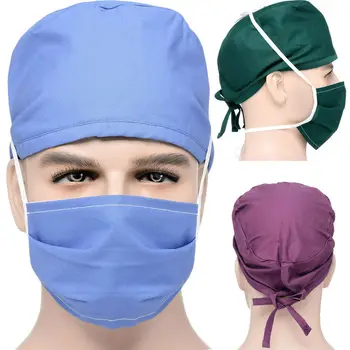 

Doctor Sweat Work Hat+Mask Set Unisex Hospital Scrub Caps Women Men Operation Surgical Hats Nurse Doctor Surgery Caps and Masks
