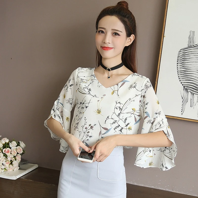 elegantes de manga media llamarada para mujer Camisas de gasa con de moda colores cuello en V para mujer pulóver camisas Tos|Blusas y camisas| - AliExpress