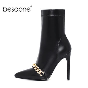 

Bescone Winter Warm Ankle Boots Woman Leather Stretch Fabric Pointed Toe High Thin Heel Chain Decoration Zipper Boots Shoe BM625