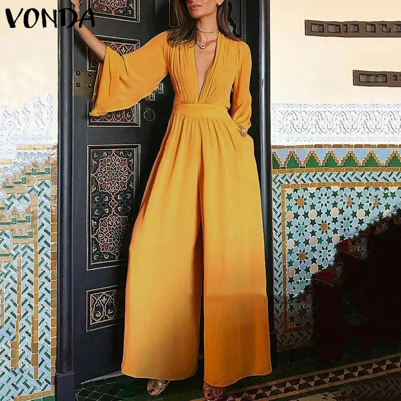 2020 VONDA Women Jumpsuit Short Sleeve Romper V Neck Casual Playsuit Overalls Ladies Wide Leg Loose Black Playsuit Plus Pantalon 2020 VONDA Women Jumpsuit Short Sleeve Romper V Neck Casual Playsuit Overalls Ladies Wide Leg Loose Black Playsuit Plus Pantalon