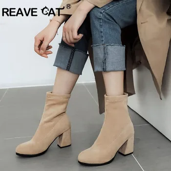 

REAVE CAT Woman stretch boots faux suede block high heels round toe Winter slip on shoes Warm plush short booties large size 46