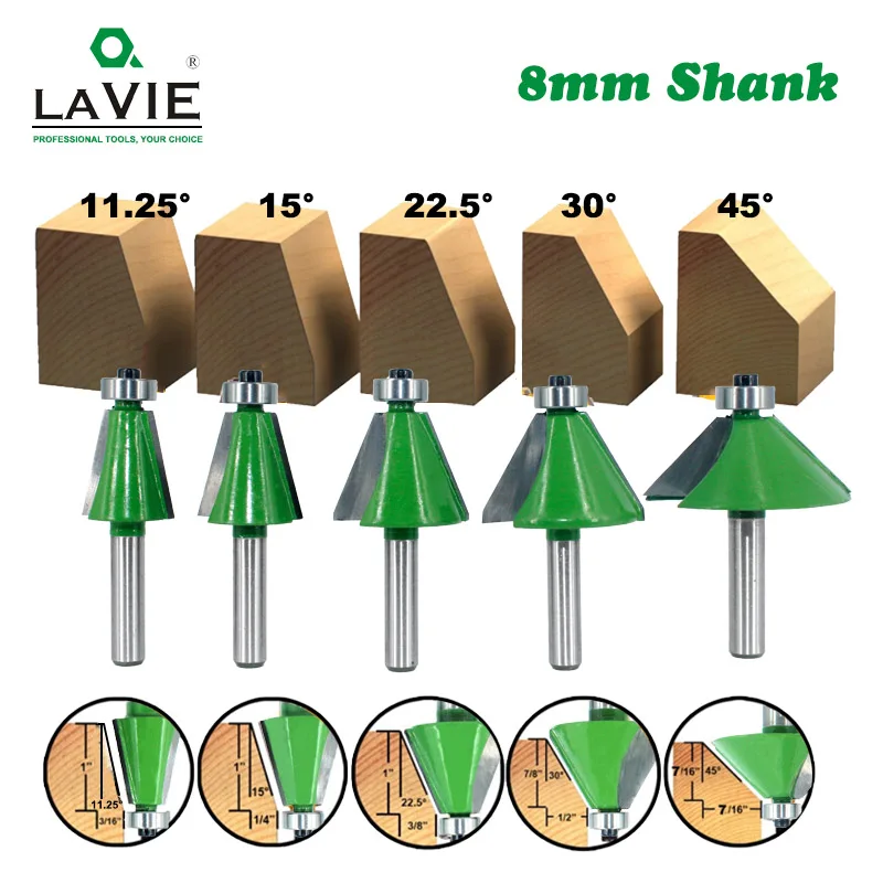 LAVIE 5 шт. комплект 8 мм хвостовиком фаски Фрезы 11,25 15 22,5 30 45 градусов фрезерные резак для дерева Woodorking станки MC02111