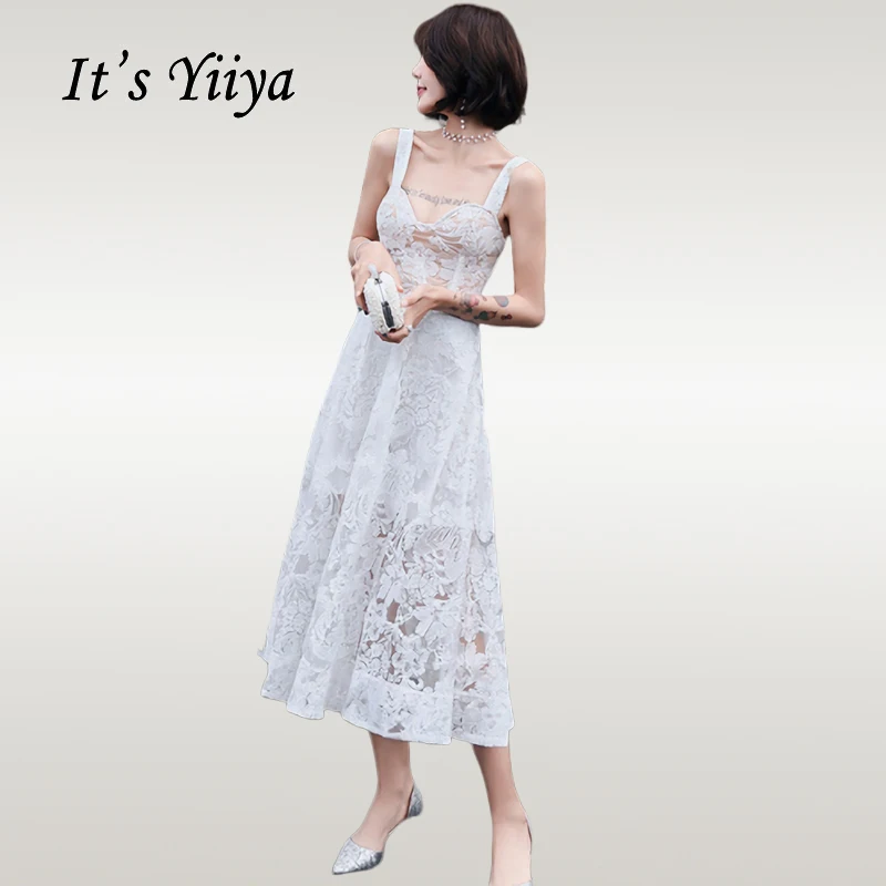 

It's Yiiya Prom Dress Elegant White Illusion Lace Women Party Night Dresses Boat Neck Sleevless Backless Vestidos De Gala E694