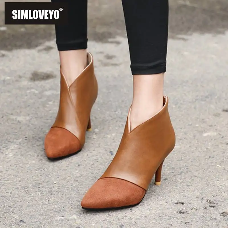 

SIMLOVEYO Large size 48 Ankle boots for women Pointed toe stiletto heel Back zipper Pu&Flock Botas feminino mujer Winter Autumn
