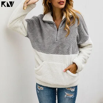 

KLV Women 2019 Winter Warm Soft Fleece Sweatshirt Fluffy Hoodies Ladies Zipper Up Turtleneck With Pocket Pullover Female Outwear