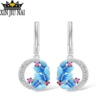

925 Standard Sterling New Blue Goldfish retro dripping art Butterfly Flower Shape Earrings Round Fashion Women Girl Earring Gift