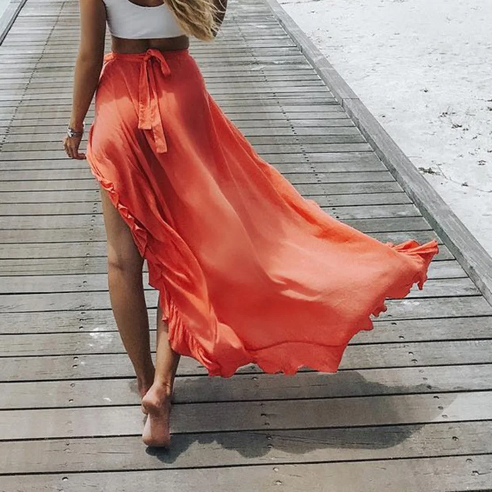 

Bohoartist Boho Summer Sunscreen Skirts Women Solid Maxi Skirts Ruffled lace up skirt sexy high slit vacation beach skirts