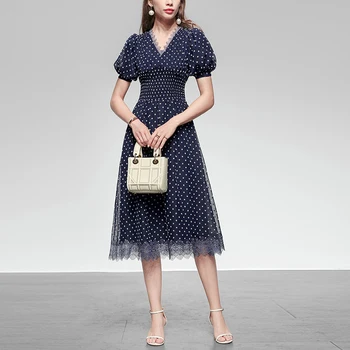 

Seifrmann Women Fashion Designer Summer A-line Dress Sexy V-Neck High Waist Bodycon Fit Dot Printed Ladies Midi Dresses vestidos