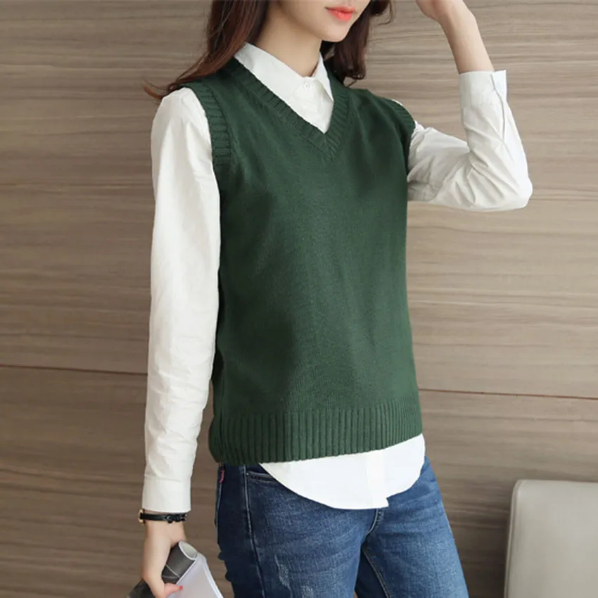 

Preppy Style Solid Short Sweater Vest Women V-Neck Knitted Vest Female Ladies Knit Tops Pullovers Sleeveless Coat Outwea