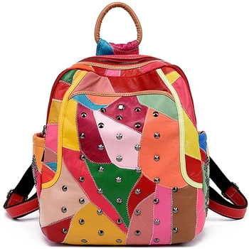 

Brand Fashion Women Backpack Genuine Leather Colorful Bag For Women Female Designer Rivet Backpack 2020 New Arrivals