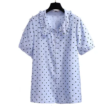 

Plus Size Blouses for Women 2020 Summer Casual Cotton Polyester Polka Dot Turn-down Collar Short Sleeve Loose Green Blue Shirt
