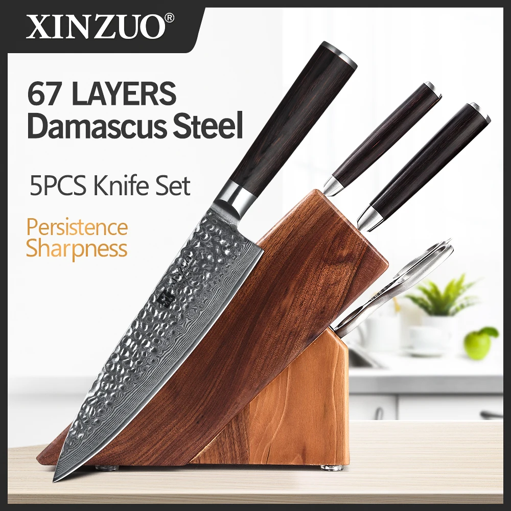 XINZUO 5pc Kitchen Knife Set Damascus Steel High Carbon Steel Chef Knife Slicing Knife Santoku Knife Utility Knife Paring Knife Sets with Pakkawood