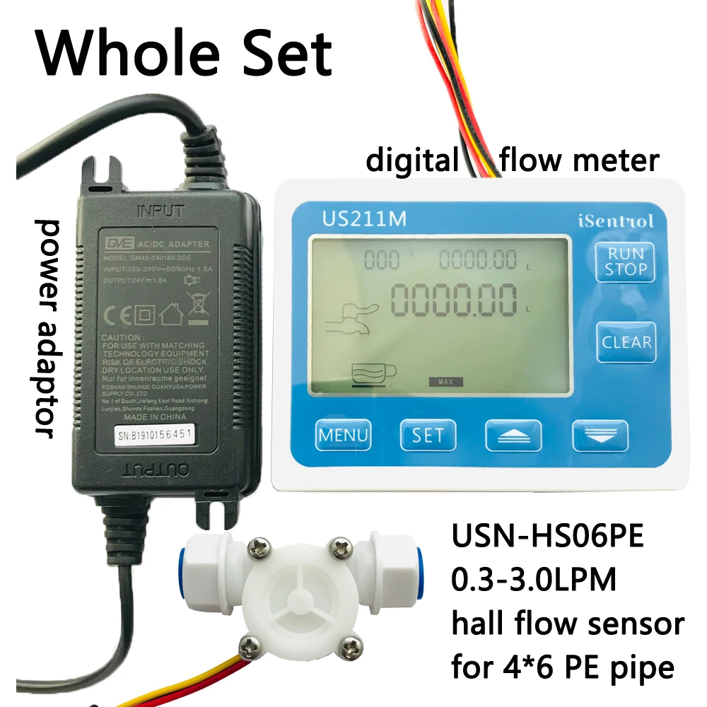 

US211M Flow Meter Display with USN-HS06PE Hall Flow Sensor Measurement 0.3-3L/min Range for 4-6mm PE pipe iSentrol Saier