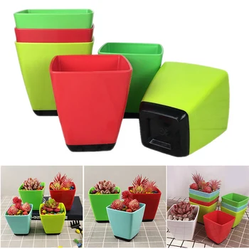 

Colorful Flower Pots with Base Tray Square PP Plant Pots Succulent Planter Nursery Pots for Your Room Garden Office E2S