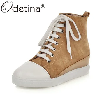 

Odetina Women New Fashion Casual Shoes Faux Suede Lace Up Comfort Ankle Boots High Top Sneakers Platform Wedge Heel Big Size 43