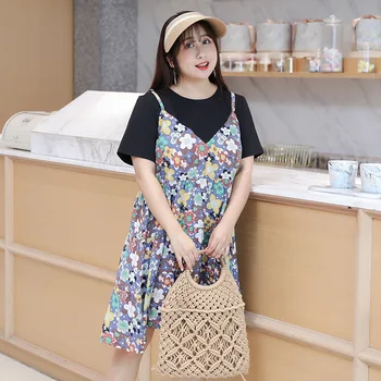

Women's summer print retro fake two-piece dress plus size plus size knee length casual dress 100 kg can wear