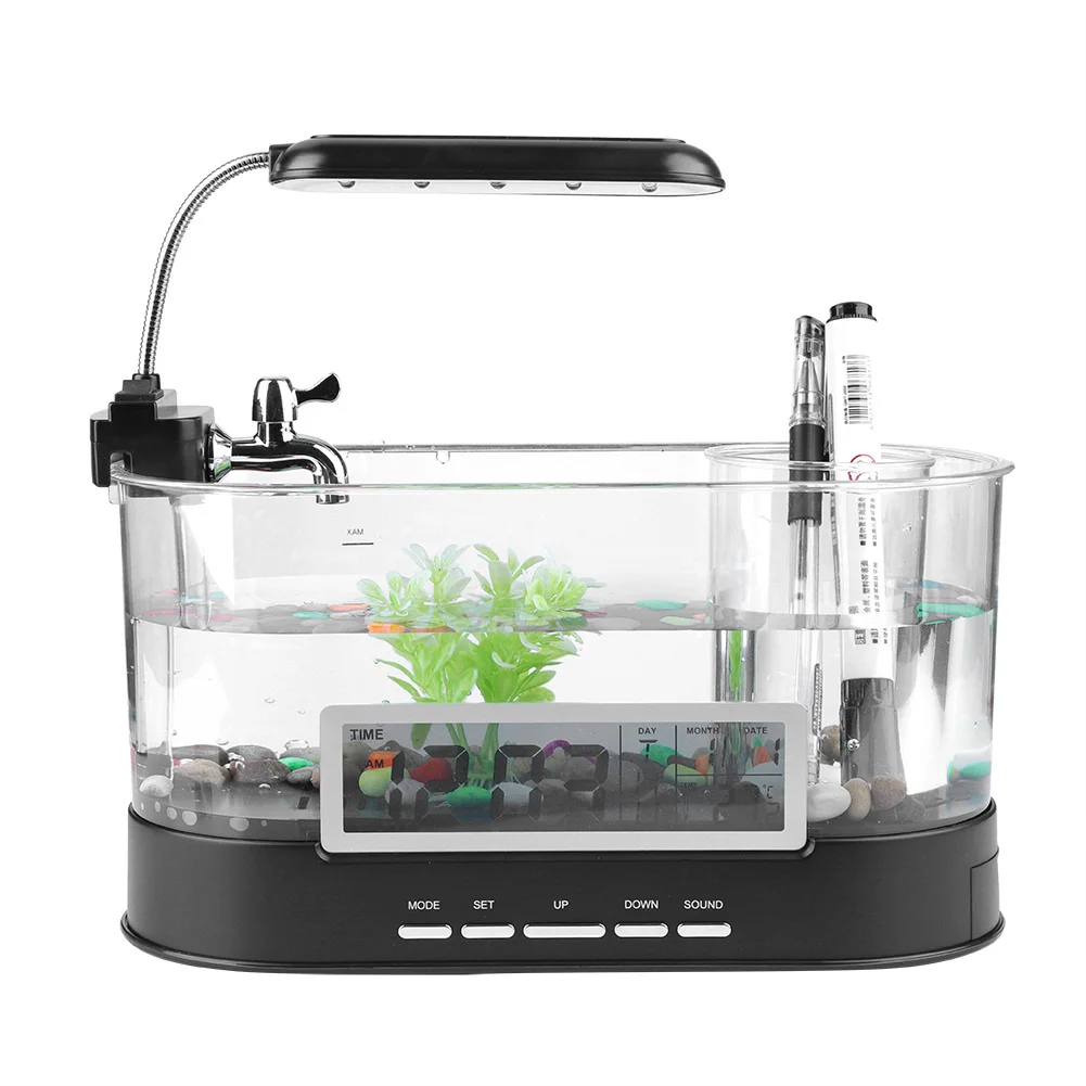 Mini acuario colgante de pared, multifuncional, recargable por USB, con función de reloj, luz LED, casa de peces