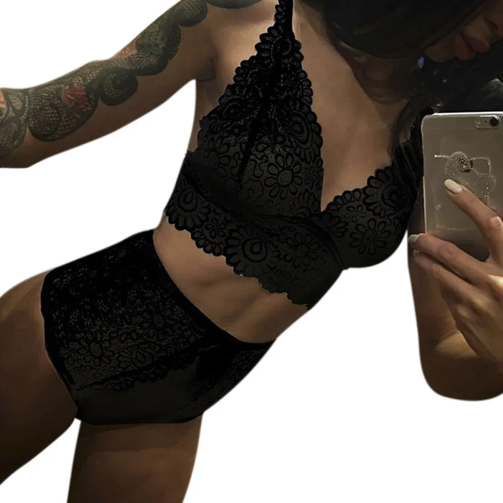 Newly Women Lingerie Set Solid Color V Neck Lace Splice Bra with Briefs FIF66 - Color: Black