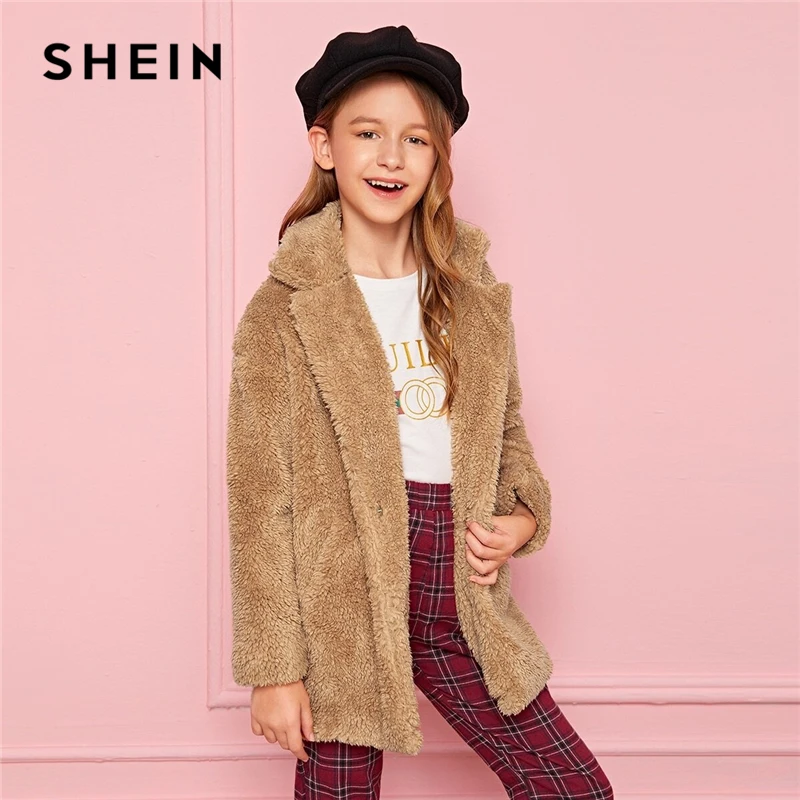 SHEIN/ г. Детское пальто для девочек с зазубренным воротником, со скрытой планкой, плюшевое пальто Детская одежда зимние повседневные пальто с длинными рукавами и пуговицами спереди