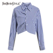 TWOTWINSTYLE Casual Slim Striped Temperament Folds Shirt Female Lapel Long Sleeve Fashion Blouse For Women Autumn Style 2021 New