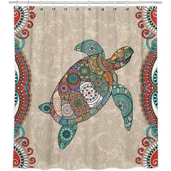 

Ocean Beach Animal Fabric Shower Curtain,Waterproof Polyester Colorful Mandala Sea Turtle Bath Curtain with Hooks,