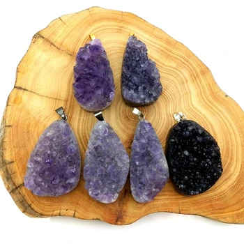 

Natural raw amethysts druzy pendant gold and silver plated crystal drusy Sweater chain for necklace making