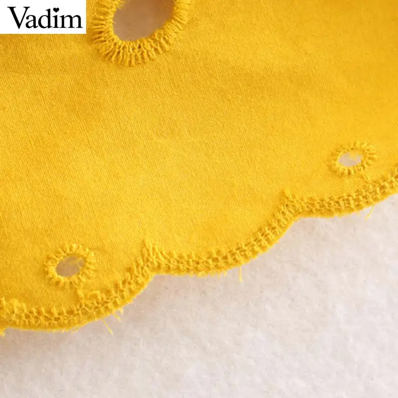 Vadim женское открытое мини-платье с вышивкой, короткий рукав, круглый вырез, женские повседневные желтые платья, однотонные Элегантные платья QC615