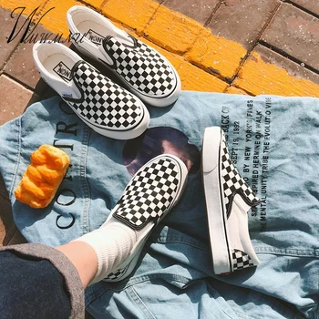 

Ulzzang Black White Plaid Women Sneakers Fashion Loafers New Casual Basic Slip On Flats Spring Autumn Platform Vulcanized Shoes