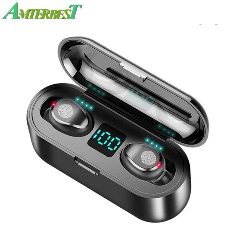 

AMTERBEST F9 Mini 5D Stereo Sound Wireless Bluetooth Earphone IPX6 Waterproof Sport Earbuds with 3500mA Power Bank Charger Box
