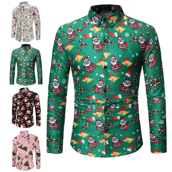 

Men Shirts Christmas Santa Elk Snowman Print Lapel Long Sleeve Shirt Men Blouse
