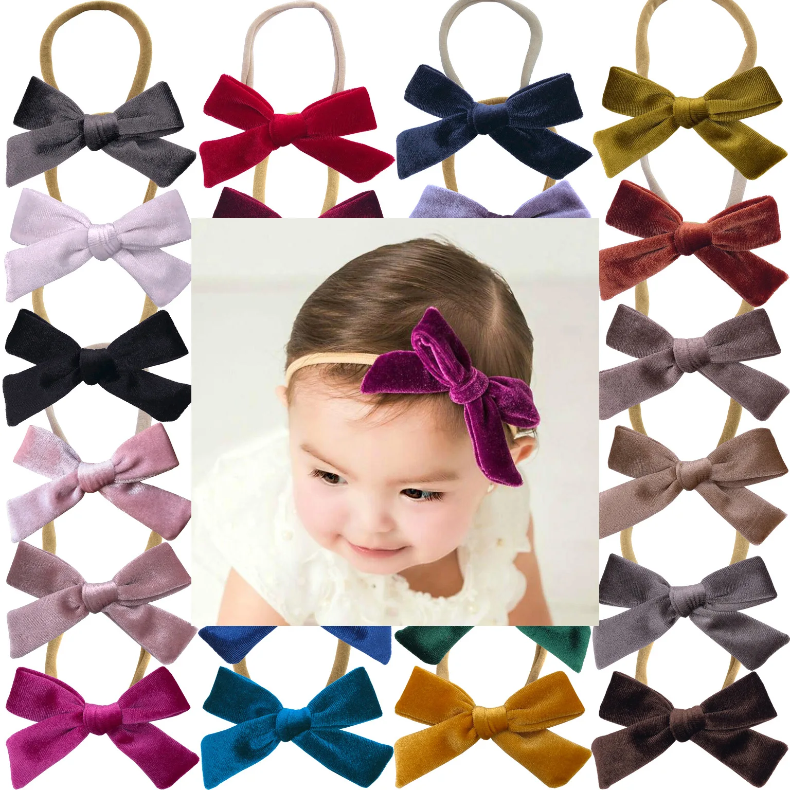 24PcsLotVelvetFabricBabyHeadbandNylonHairClipsForKidsHair