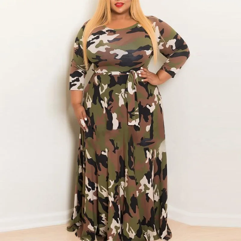 Long Sleeve Autumn Winter Military Camouflage Dresses Women Fashion Armygreen Gray Long Maxi Dress Casual Party Plus Size