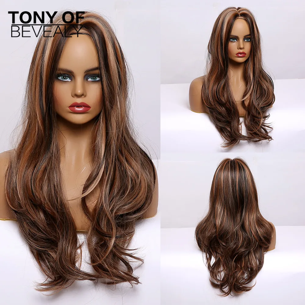 

Long Wavy Brown Wig With Highlights Natural Synthetic Wigs For Black Women Middle Part Cosplay Wigs Heat Resistant Fiber Wigs