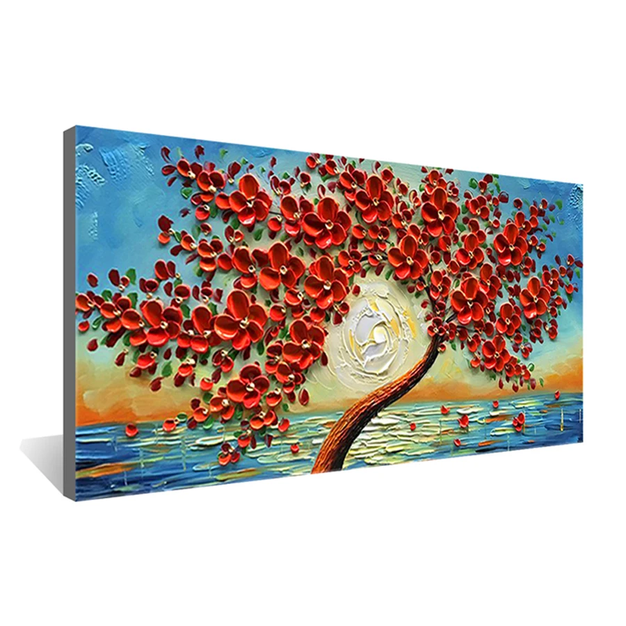 

Hand Painted Oil Painting Canvas Modern 3D Happy Flower Tree Picture Palette Knife Three-dimensional Wall Dec Living Room