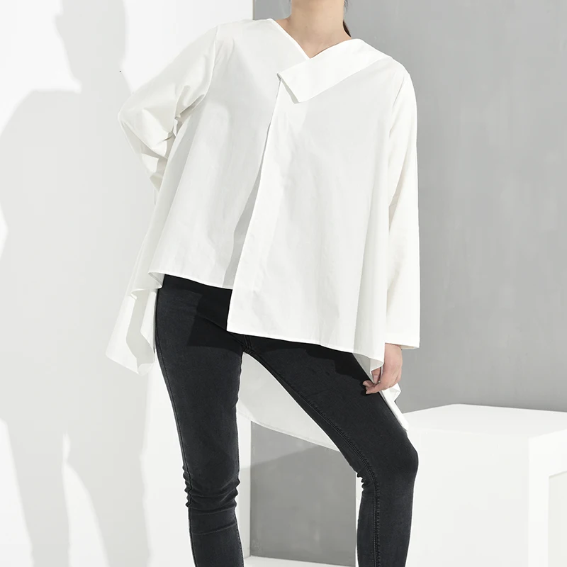 [EAM] женская черная короткая Асимметричная длинная футболка большого размера Новая модная футболка с v-образным вырезом и длинным рукавом весна осень 1B348