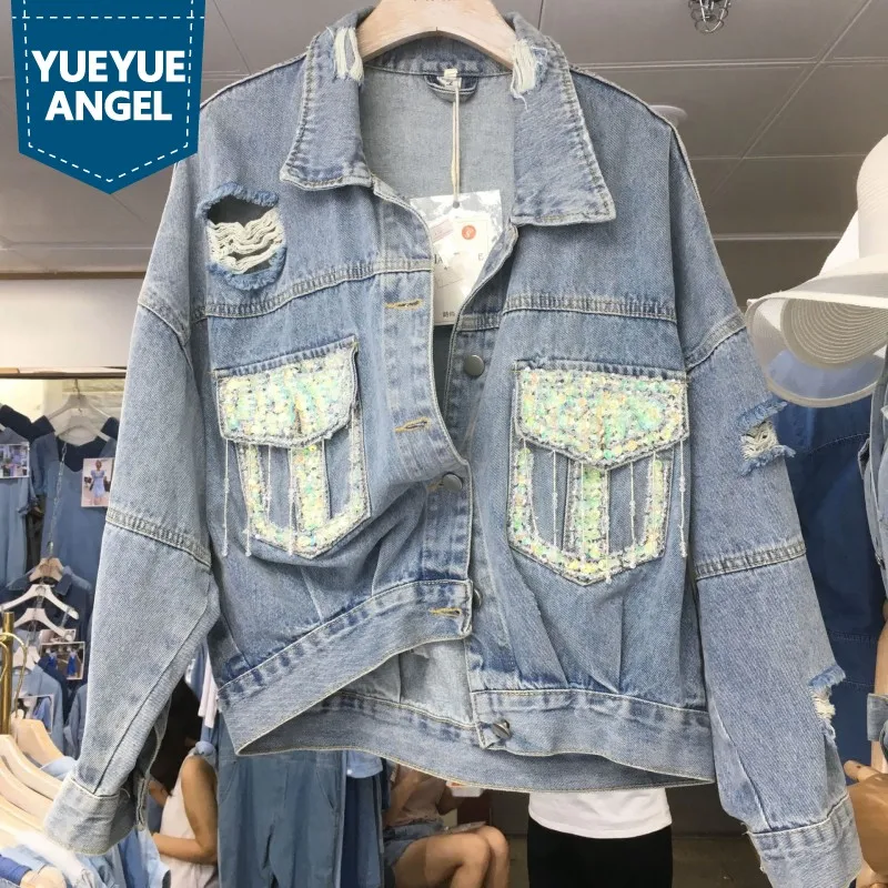 

Women Korean Hip Hop Batwing Sleeve Loose Denim Jacket Asymmetric Hole Ripped Sequins Pockets Baggy Casual Outwear Jeans Coat