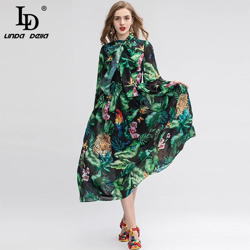 Многоцветный LD LINDA Делла, весеннее модное подиумное платье с длинным рукавом, женское винтажное шифоновое длинное платье с бантом и животным принтом - Цвет: Многоцветный