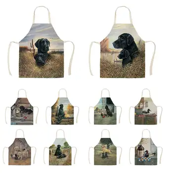 

1Pcs Kitchen Apron Sketch black dog Printed Sleeveless Cotton Linen Aprons for Men Women Home Cleaning Tools 55*68cm