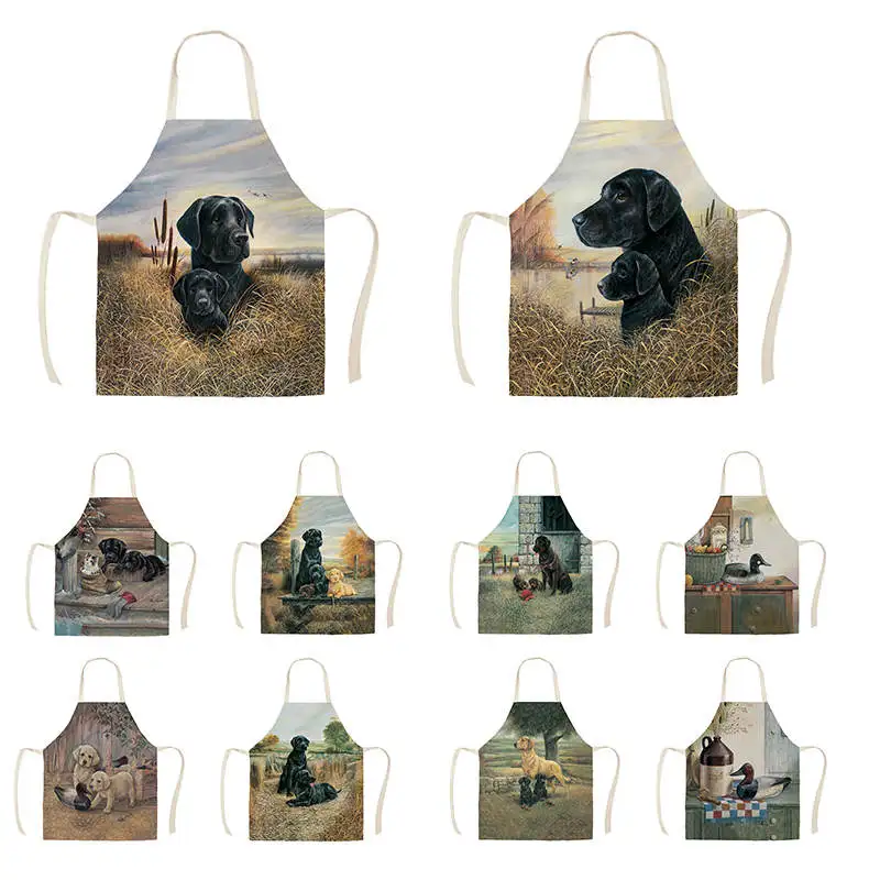1Pcs Kitchen Apron Sketch black dog Printed Sleeveless Cotton Linen Aprons for Men Women Home Cleaning Tools 55*68cm