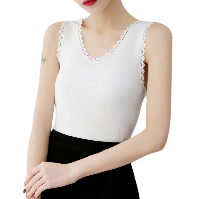 ETOSELL женские сексуальные летние v-образные вырезы без рукавов тонкий сплошной Camis украшение кружевом вязаный жилет Топ хит