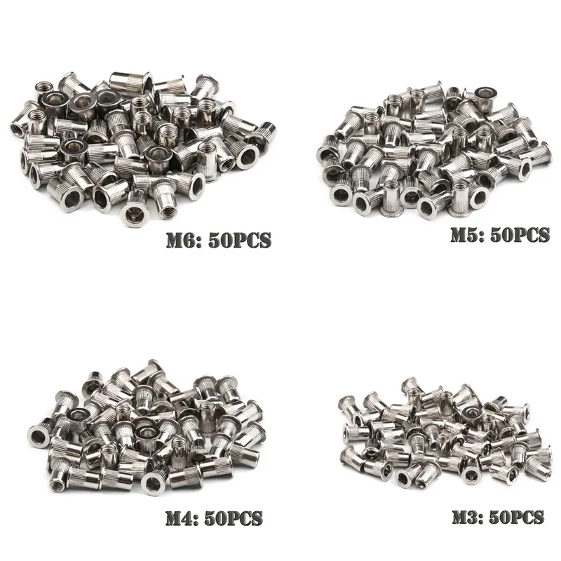 200pcs M3-M6 200/50 шт. набор заклепок из нержавеющей стали/углеродистой стали с плоской головкой M3 M4 M5 M6 многоразмерные гайки с заклепками - Цвет: 200pcs M3-M6