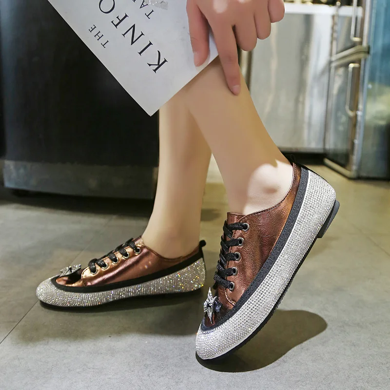 

2019 New Style Flat Heel Lace-up Casual Shoes Women's Man-made Diamond Bow Low-top Shoes Women's Non-slip Net Red WOMEN'S Shoes