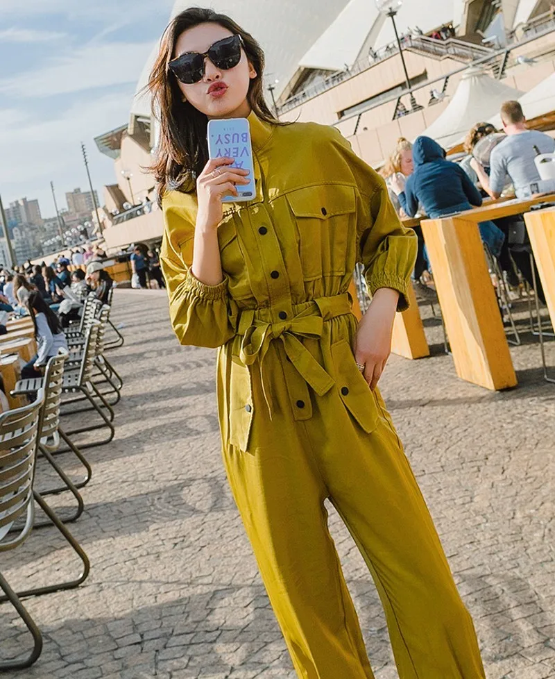 Желтый женский комбинезон, мода, Boyfriend, свободный крой, женские комбинезоны с длинным рукавом, с поясом, комбинезоны, весенний комбинезон, женские Комбинезоны s